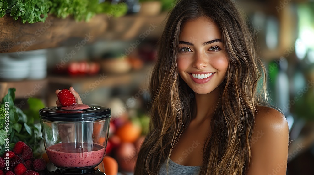 Wall mural A young woman smiles while making a smoothie in a blender.