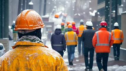 Construction workers facing extreme weather conditions, demonstrating resilience and determination