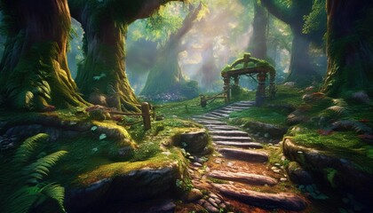 A mystical forest scene with an arched wooden gate, moss-covered stairs, and trees bathed in soft, magical light.