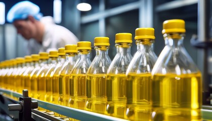 Bottles of liquid move along a production line in a factory. The bottles are filled with a clear yellow liquid. A worker is visible in the background.
