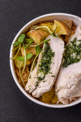 Chicken roulade with spinach, cheese, spices, salt and herbs
