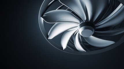 A close-up shot of a modern ceiling fan with sleek, metallic blades, creating a dynamic and futuristic design. The fan blades are arranged in a circular pattern, suggesting movement and energy.  The d