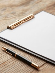 Naklejka premium A clipboard with a blank sheet of paper and a pen lying on a wooden surface. It symbolizes preparation, planning, and the opportunity to create a business plan.