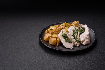 Chicken roulade with spinach, cheese, spices, salt and herbs