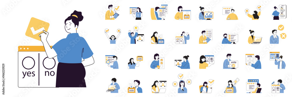 Fototapete online voting concept mega set with character scenes in flat design for web. bundle situations with 