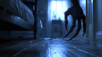 Creepy monster claw under bed in dark illuminated room.
