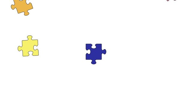 Animated colorful puzzle icons merge and disperse in all directions