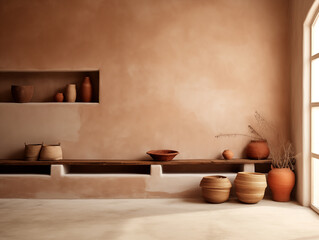 Wabi sabi and japandi japanese style rustic interior in in white, neutral and terracotta with wood, pottery and texture elements