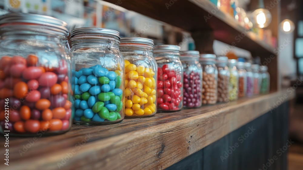 Poster a row of glass jars filled with colorful candies, neatly arranged on a wooden shelf in a cozy kitche