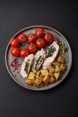 Chicken roulade with spinach, cheese, spices, salt and herbs