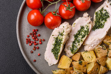 Chicken roulade with spinach, cheese, spices, salt and herbs