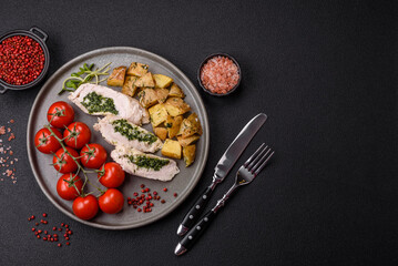 Chicken roulade with spinach, cheese, spices, salt and herbs