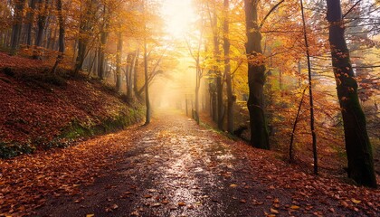 tranquil forest path covered in autumn leaves, with golden light filtering through the trees