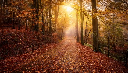 Obraz premium tranquil forest path covered in autumn leaves, with golden light filtering through the trees