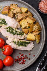 Chicken roulade with spinach, cheese, spices, salt and herbs