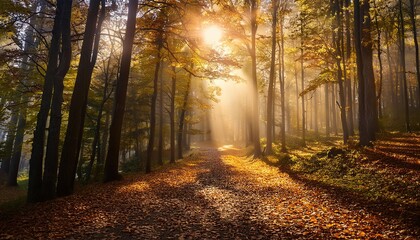 tranquil forest path covered in autumn leaves, with golden light filtering through the trees