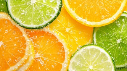 A close-up shot of fresh citrus fruit slices, showcasing the vibrant colors and textures of oranges, lemons, and limes. The image evokes feelings of freshness, health, and summery vibes.