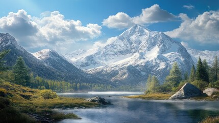 Fototapeta premium A serene mountain landscape with snow-capped peaks and clear skies, emphasizing the need to protect natural landscapes and address climate change.