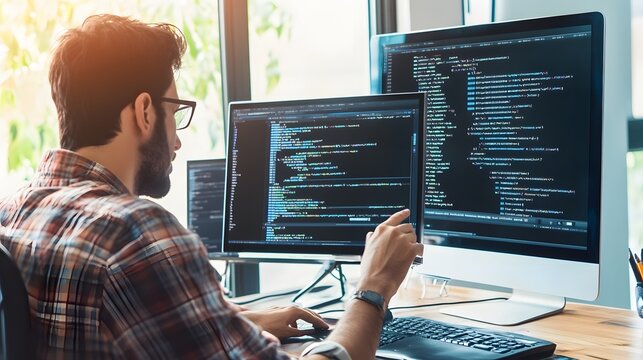 A young man in a plaid shirt is focused on coding on his computer.