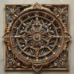 Obraz premium Intricate wooden mandala design featuring floral patterns and geometric shapes, beautifully carved with a central blue gem, set against a textured background.