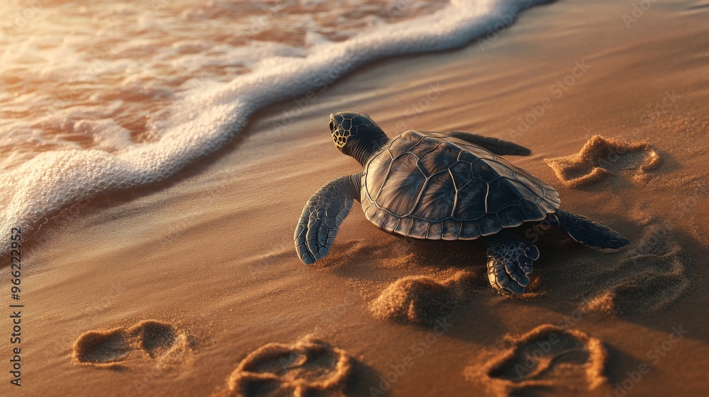 Poster a sea turtle emerging from the water and crawling onto a sandy beach, with footprints trailing behin