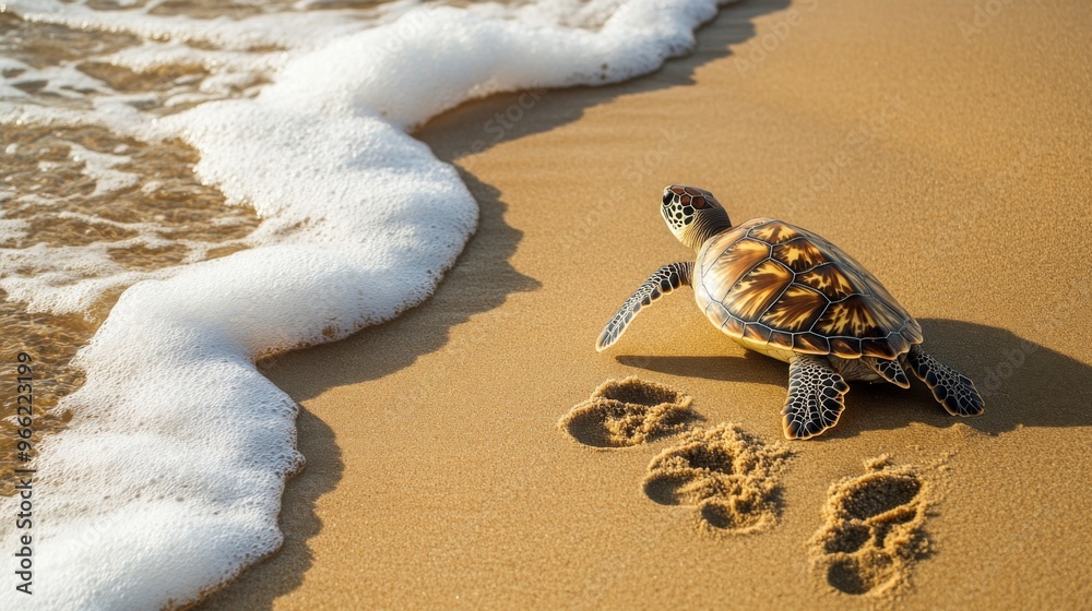 Poster a sea turtle emerging from the water and crawling onto a sandy beach, with footprints trailing behin
