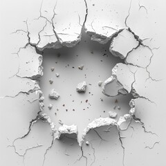 Impact hole with cracks. Broken hole with pieces of stones and industrial destruction after strong explosion and fall