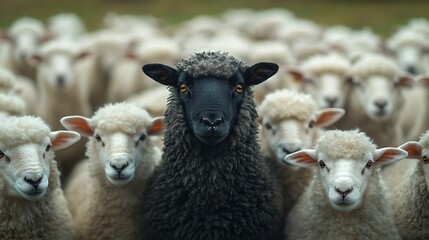 Obraz premium One black sheep stands out among a crowd of white sheep.