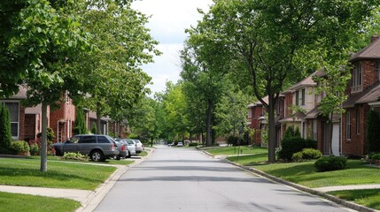 Fototapeta premium Charming Suburban Street in a Quiet Neighborhood on a Sunny Day