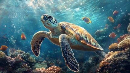 Fototapeta premium A sea turtle resting on a coral reef, surrounded by small fish and marine life, highlighting the importance of reef ecosystems and underwater biodiversity.