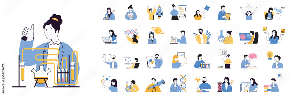 Poster Science lab concept mega set with character scenes in flat design for web. Bundle situations with people make chemical research, learning plants or viruses, work in laboratory. Vector illustrations.