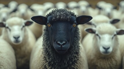 Fototapeta premium A single black sheep stands out amongst a crowd of white sheep, looking directly at the camera.