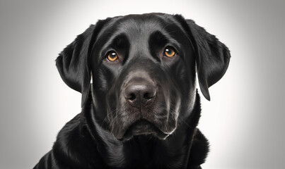 A black Labrador Retriever stares intently at the camera, its dark eyes filled with curiosity