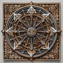 Obraz premium A beautifully crafted mandala decorative wall art piece featuring intricate patterns and a central mandala design. The artwork combines shades of bronze, silver, and white.