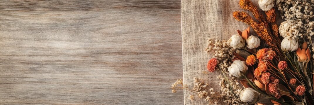 A cluster of dried flowers in shades of beige and orange are arranged on a natural wood background. The composition creates a rustic and minimalist aesthetic, perfect for adding a touch of natural bea