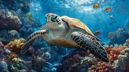 Fototapeta premium A sea turtle resting on a coral reef, surrounded by small fish and marine life, highlighting the importance of reef ecosystems and underwater biodiversity.