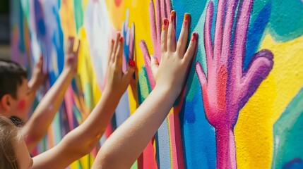 Young girl places her hand on a colorful wall with painted hands.