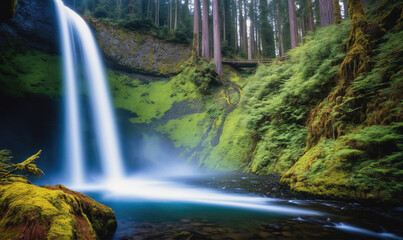 A waterfall cascades down a mossy cliff in a lush, green forest