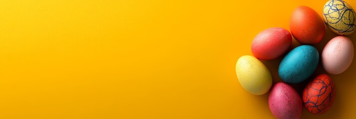 A collection of colorful Easter eggs arranged on a bright yellow background, symbolizing spring, new beginnings, celebration, joy, and hope.