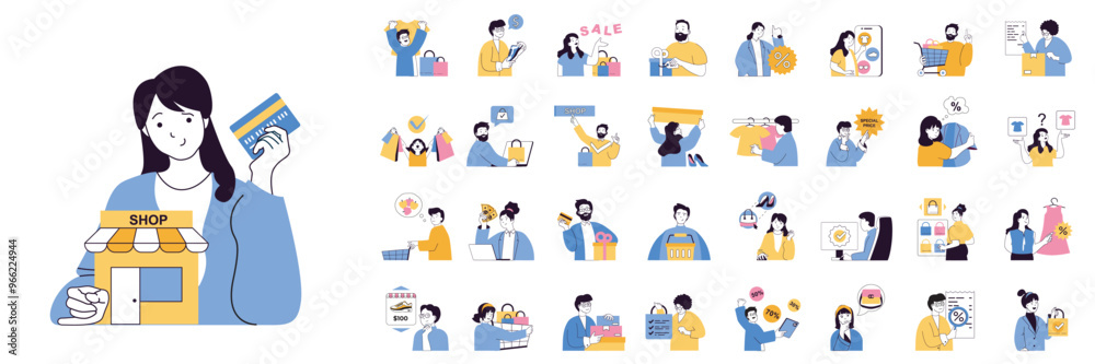 Fototapete shopping concept mega set with character scenes in flat design for web. bundle situations with peopl
