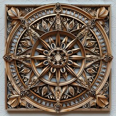 Fototapeta premium An intricate wooden mandala wall art piece featuring a compass design with detailed carvings. The design includes various geometric shapes and floral motifs, showcasing craftsmanship and artistry.