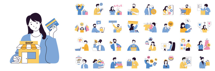Shopping concept mega set with character scenes in flat design for web. Bundle situations with people choosing new clothes, making purchases, paying credit card, get discounts. Vector illustrations.