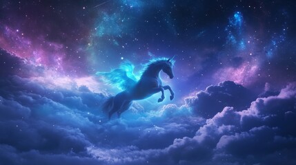 Obraz premium A celestial pegasus emerges from clouds beneath a starry sky and shimmering aurora