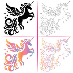 Silhouette of a Unicorn, Colorful Unicorn Silhouette, Unicorn Tracing and Outline