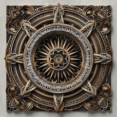 A detailed, ornate circular mandala design featuring intricate patterns and textures, resembling a mandala or decorative art piece. 