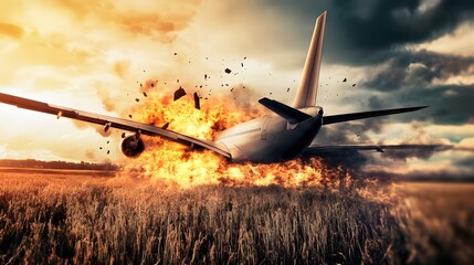 A plane crashes into a field, engulfed in flames.
