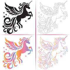 Silhouette of a Unicorn, Colorful Unicorn Silhouette, Unicorn Tracing and Outline
