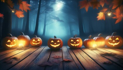Glowing Halloween Pumpkins on Wood Deck in Spooky Night Forest with Fog and Autumn Leaves