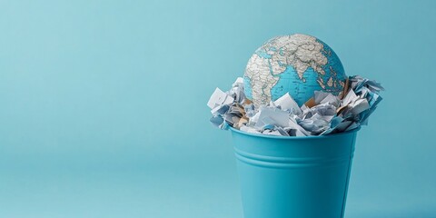 Globe on a recycle bin of paper waste promoting eco-friendly practices