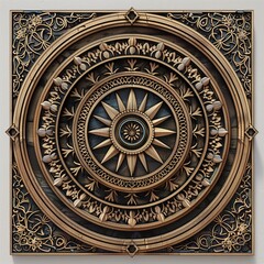A beautifully intricate mandala wooden relief featuring a circular design with floral motifs and a central sun emblem. The craftsmanship showcases detailed carvings.